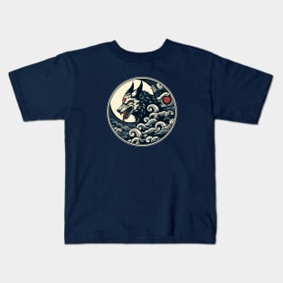 Blue wolf in clouds japanese art Kids T-Shirt